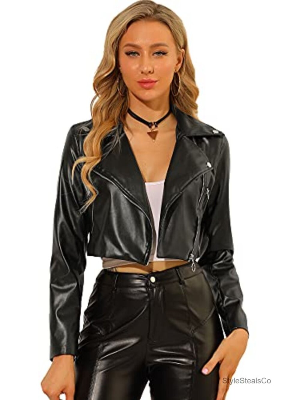 Faux Leather Moto Cropped Jacket Zip Up Long Sleeve